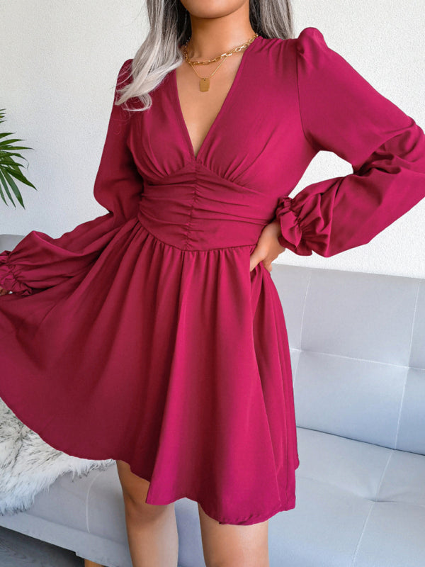Blue Zone Planet |  Sophie's V-Neck Chiffon Waist Bishop Sleeve Pleated Mini Dress BLUE ZONE PLANET