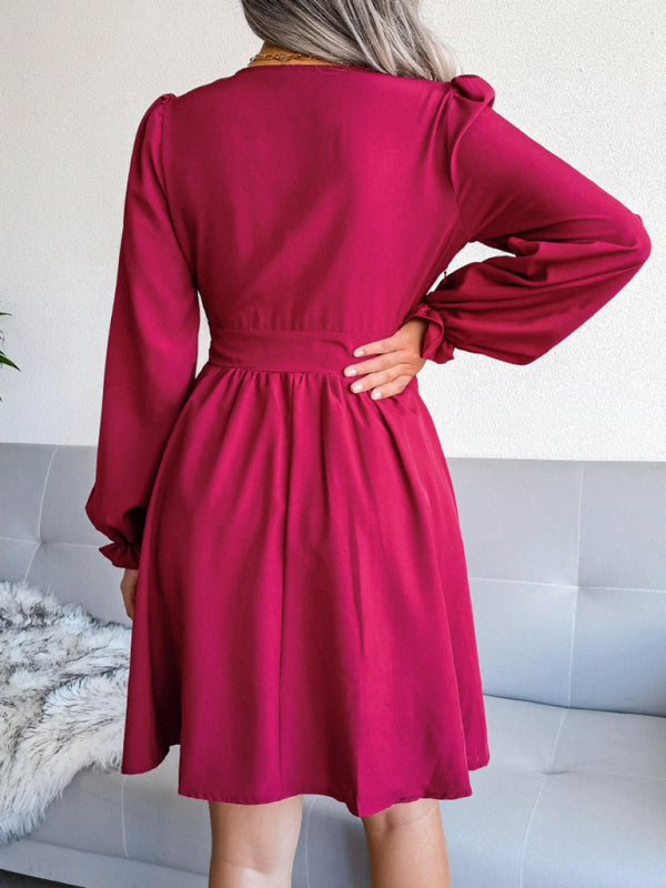 Blue Zone Planet |  Sophie's V-Neck Chiffon Waist Bishop Sleeve Pleated Mini Dress BLUE ZONE PLANET