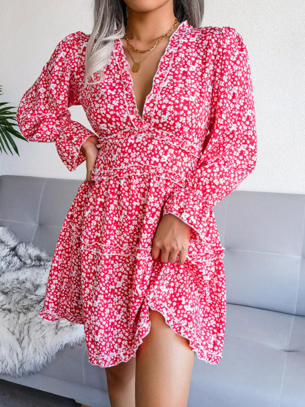 V-neck flower wood ear Long Sleeve Chiffon Dress-[Adult]-[Female]-2022 Online Blue Zone Planet