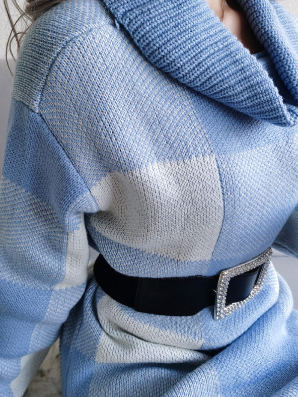 Blue Zone Planet |  Women's casual Plaid high collar wool dress knitted dress kakaclo