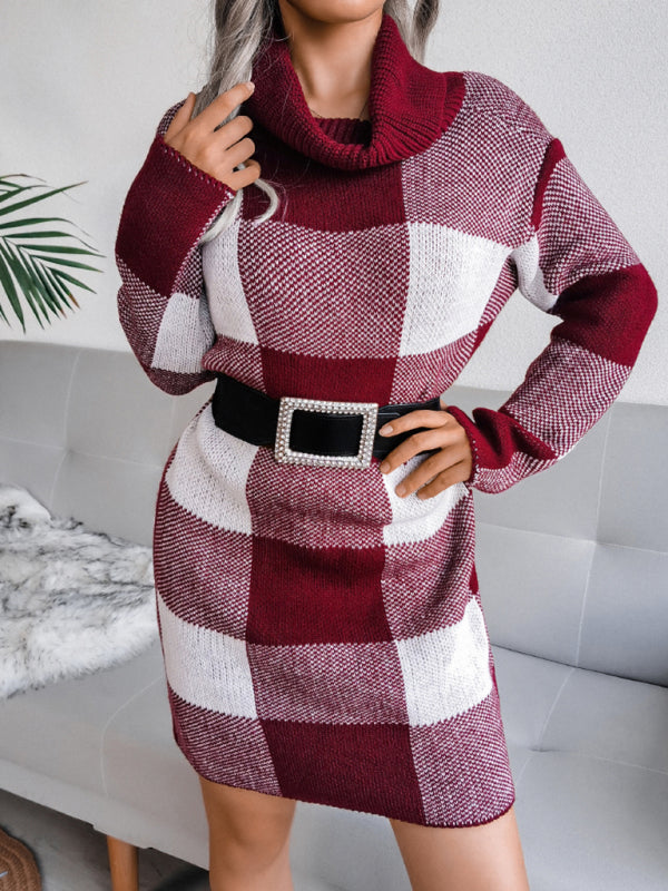 Blue Zone Planet |  Women's casual Plaid high collar wool dress knitted dress kakaclo