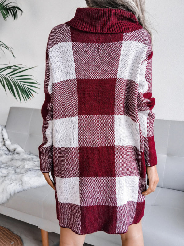 Blue Zone Planet |  Women's casual Plaid high collar wool dress knitted dress kakaclo