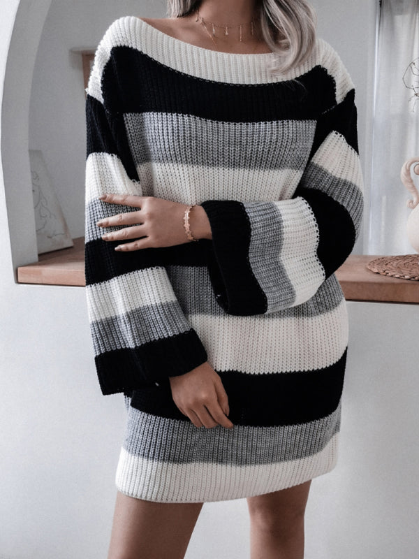 straight neck off shoulder loose contrast striped knitted wool dress BLUE ZONE PLANET