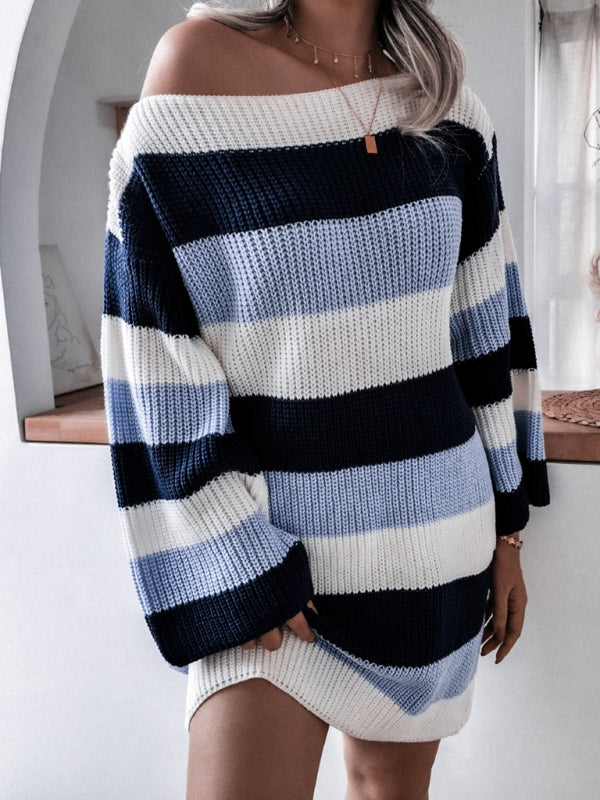 straight neck off shoulder loose contrast striped knitted wool dress BLUE ZONE PLANET