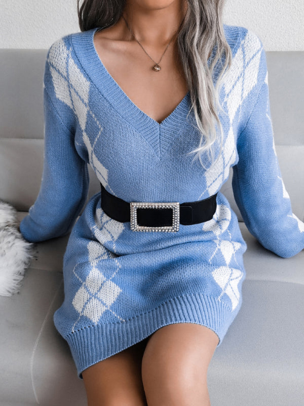 Blue Zone Planet |  Ladies Rhombus Sweater Dress Knitted Dress (Without Belt) BLUE ZONE PLANET