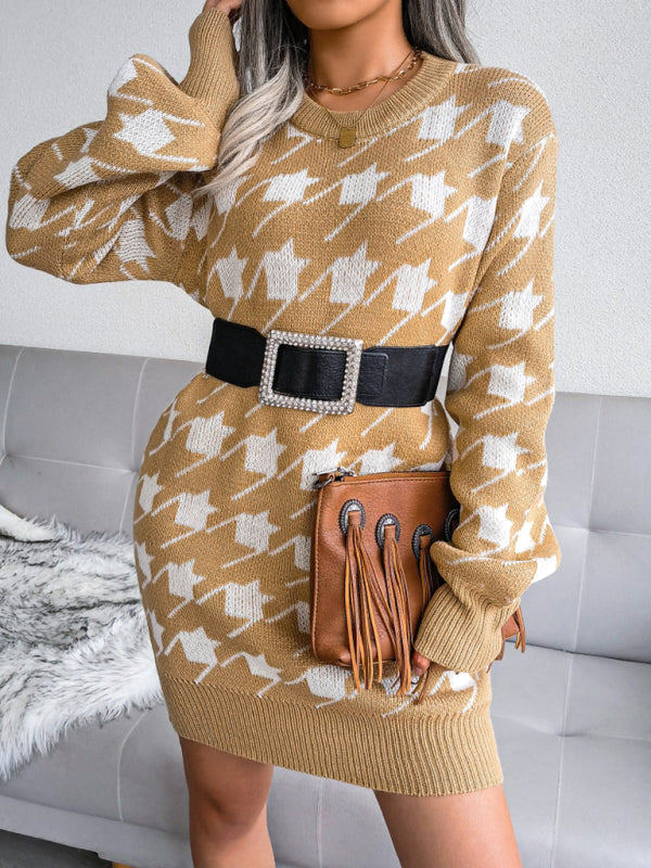 Women's leisure Lantern Sleeve thousand bird lattice knitted wool dress kakaclo