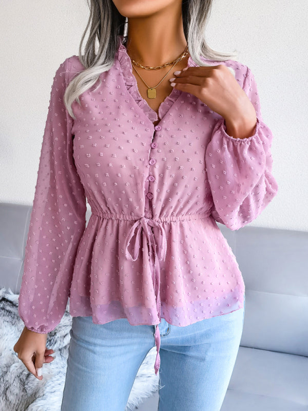 Lantern Long Sleeve Ruffle lace up waist wave point Chiffon Top BLUE ZONE PLANET