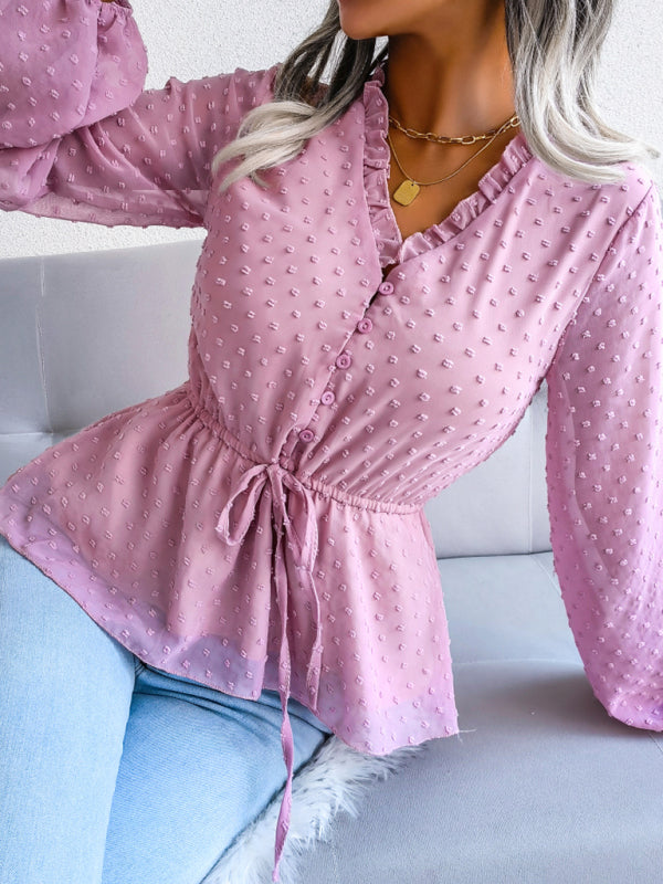 Lantern Long Sleeve Ruffle lace up waist wave point Chiffon Top BLUE ZONE PLANET