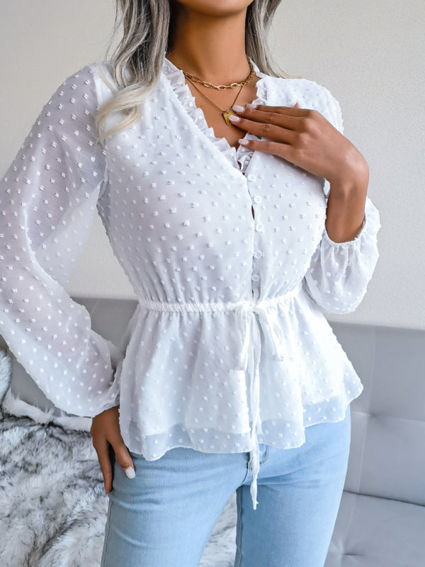 Lantern Long Sleeve Ruffle lace up waist wave point Chiffon Top BLUE ZONE PLANET
