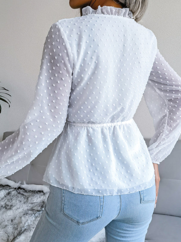 Lantern Long Sleeve Ruffle lace up waist wave point Chiffon Top BLUE ZONE PLANET