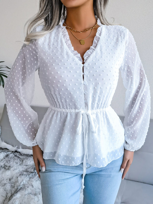 Lantern Long Sleeve Ruffle lace up waist wave point Chiffon Top BLUE ZONE PLANET