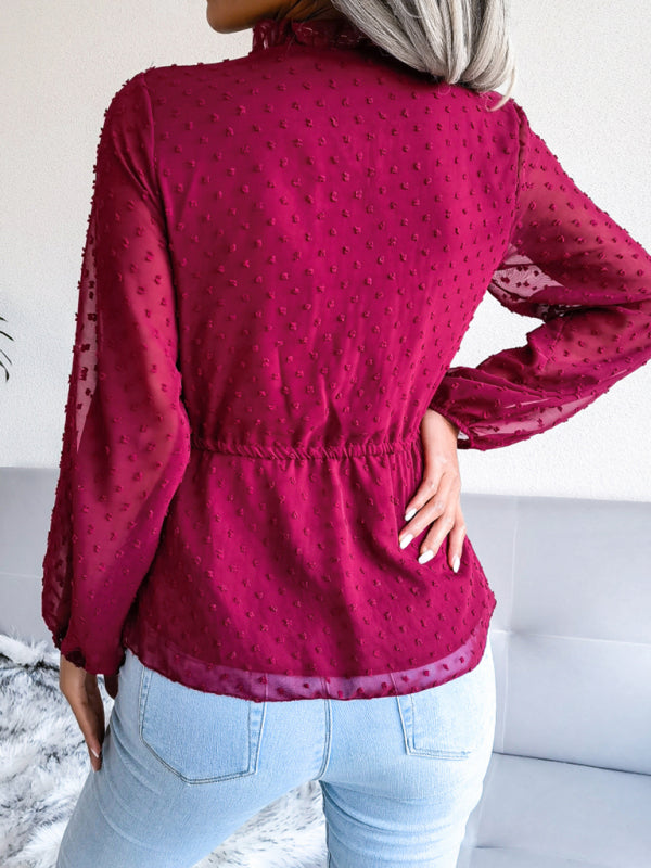 Lantern Long Sleeve Ruffle lace up waist wave point Chiffon Top BLUE ZONE PLANET