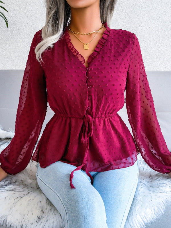 Lantern Long Sleeve Ruffle lace up waist wave point Chiffon Top BLUE ZONE PLANET