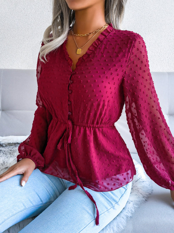 Lantern Long Sleeve Ruffle lace up waist wave point Chiffon Top BLUE ZONE PLANET