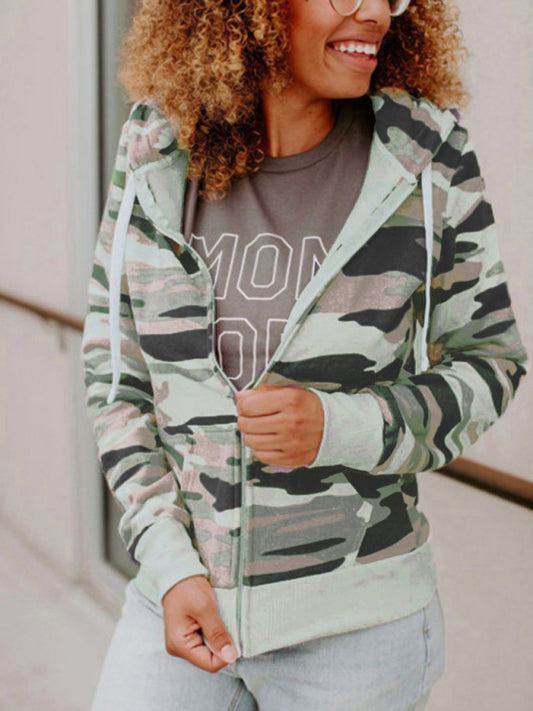 Blue Zone Planet | Long Sleeve Printed Camouflage Hooded Zip Jacket-Tops / Dresses-[Adult]-[Female]-Pattern-S-2022 Online Blue Zone Planet