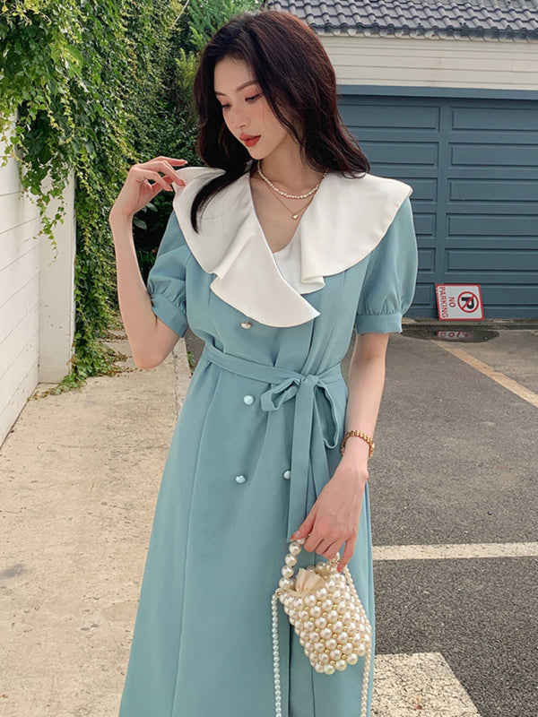 Large lapel double-breasted A-line knee length dress-TOPS / DRESSES-[Adult]-[Female]-2022 Online Blue Zone Planet