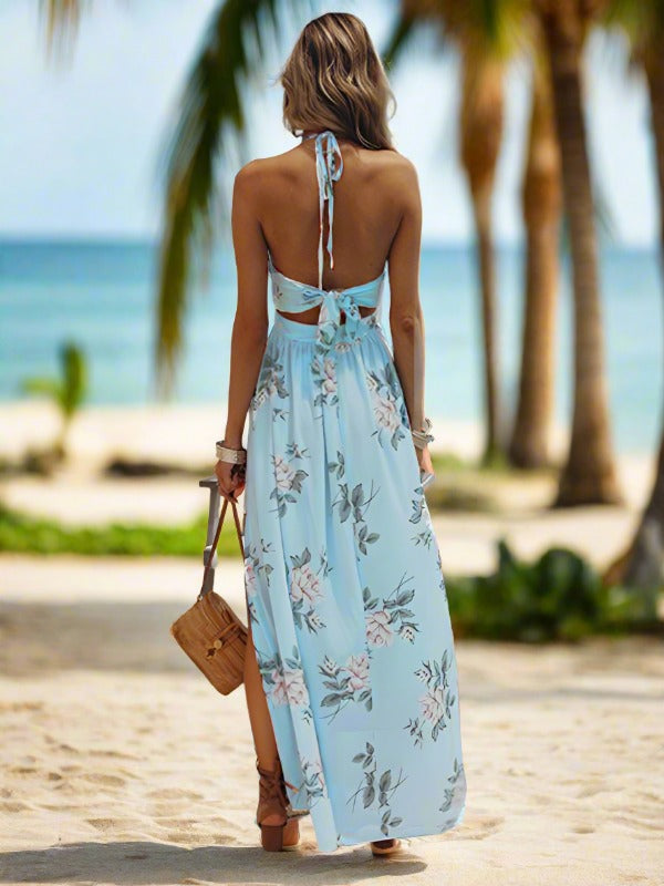Blue Zone Planet Linda s Halter V neck Chiffon Print split Maxi Beach Dress