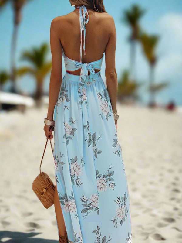 halter V-neck chiffon print dress split beach dress kakaclo