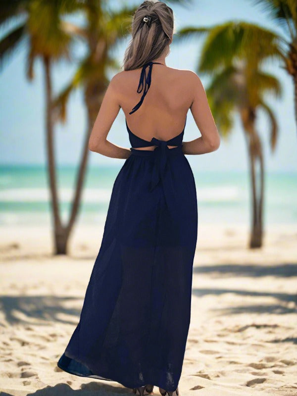 halter V-neck chiffon print dress split beach dress kakaclo
