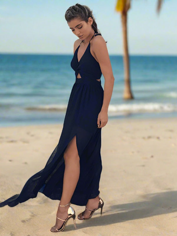 halter V-neck chiffon print dress split beach dress kakaclo