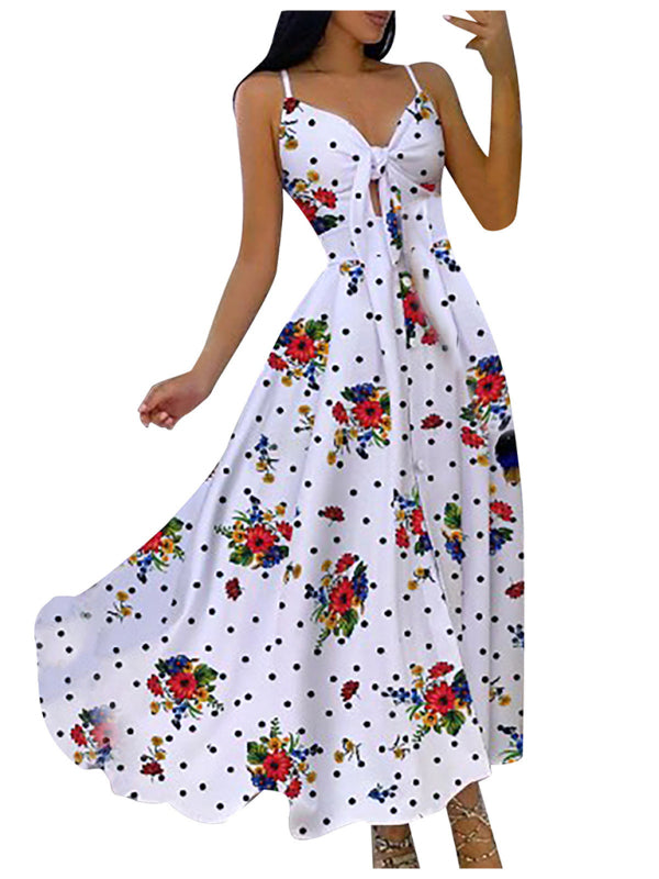 Lace Up Full Floral Halter Dress Long BLUE ZONE PLANET