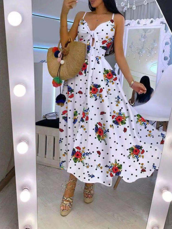 Lace Up Full Floral Halter Dress Long BLUE ZONE PLANET