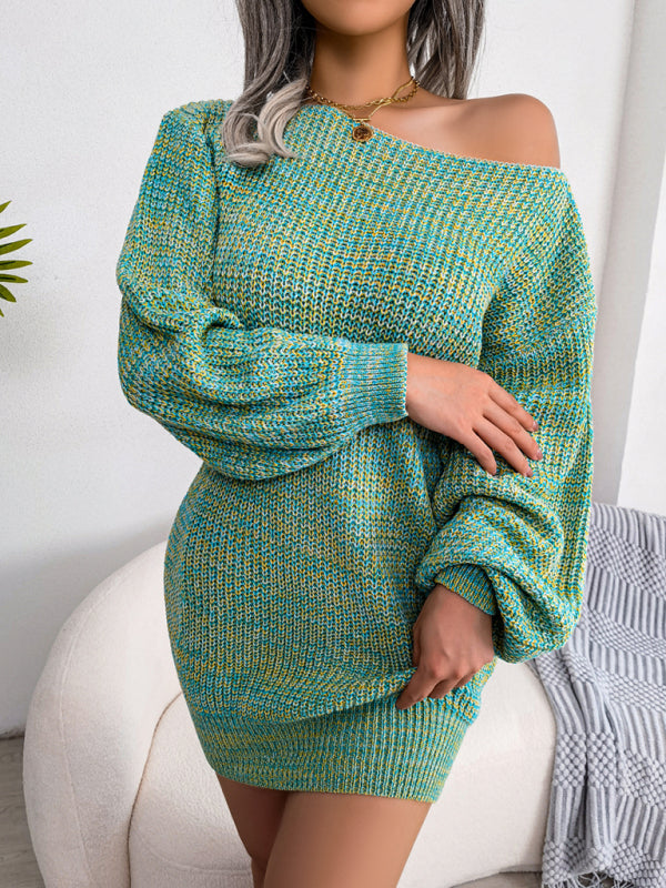 straight neck off shoulder colorful lantern sleeve knitted wool dress kakaclo