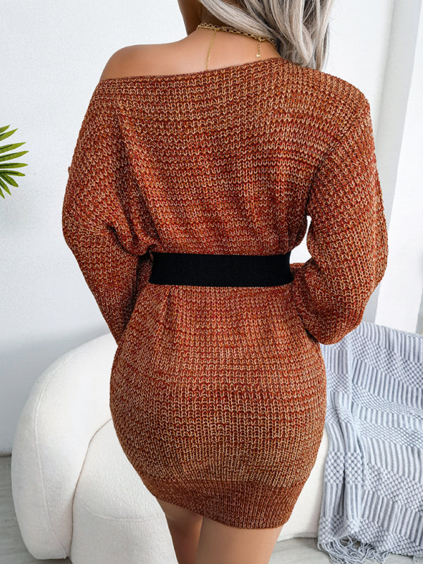 straight neck off shoulder colorful lantern sleeve knitted wool dress kakaclo