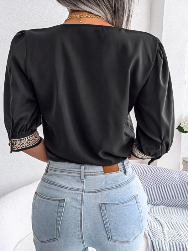 Blue Zone Planet | lace V-neck medium Sleeve Chiffon shirt kakaclo