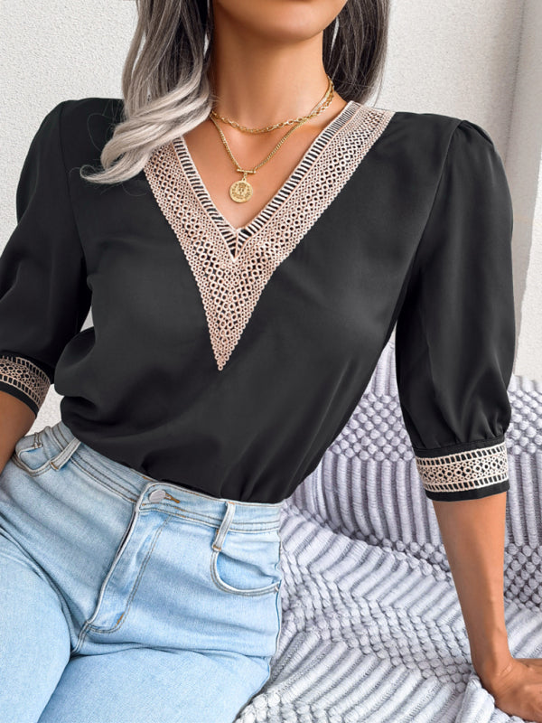 Blue Zone Planet | lace V-neck medium Sleeve Chiffon shirt kakaclo