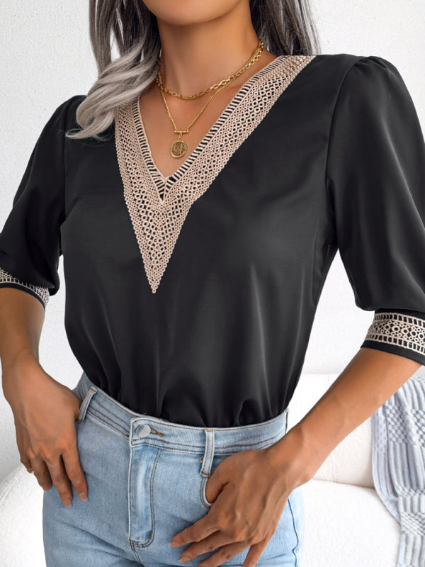 Blue Zone Planet | lace V-neck medium Sleeve Chiffon shirt kakaclo