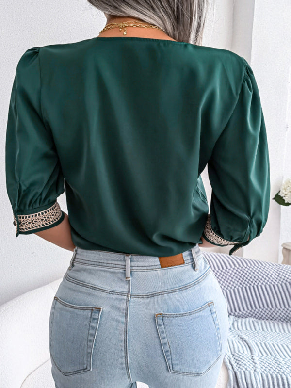 Blue Zone Planet | lace V-neck medium Sleeve Chiffon shirt kakaclo