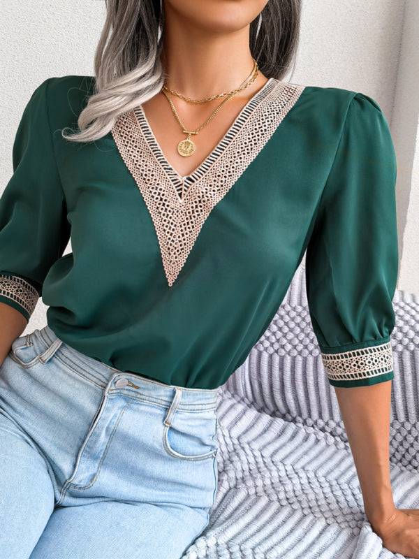 Blue Zone Planet | lace V-neck medium Sleeve Chiffon shirt kakaclo