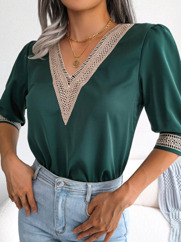 Blue Zone Planet | lace V-neck medium Sleeve Chiffon shirt kakaclo