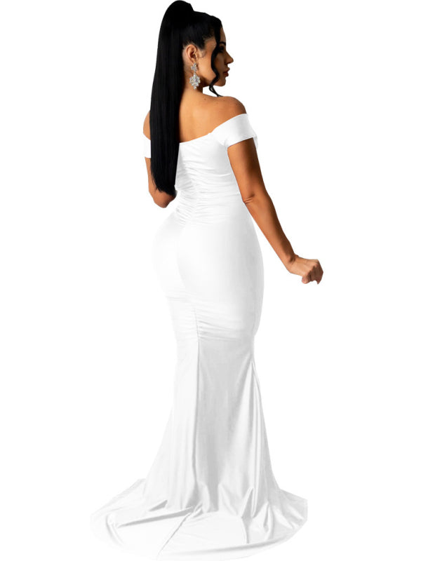 Solid Color Big V Neck Skinny Ruched Dress kakaclo