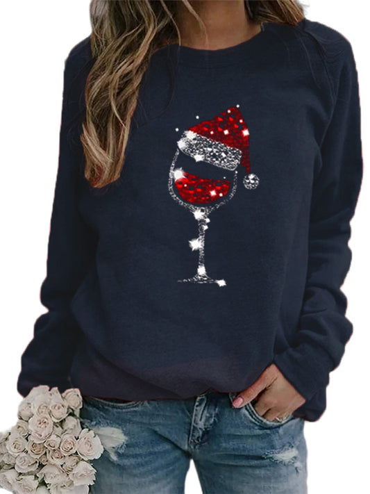 Blue Zone Planet |  Christmas Hat and Wine Glass Pattern Crew Neck Long Sleeve Top kakaclo