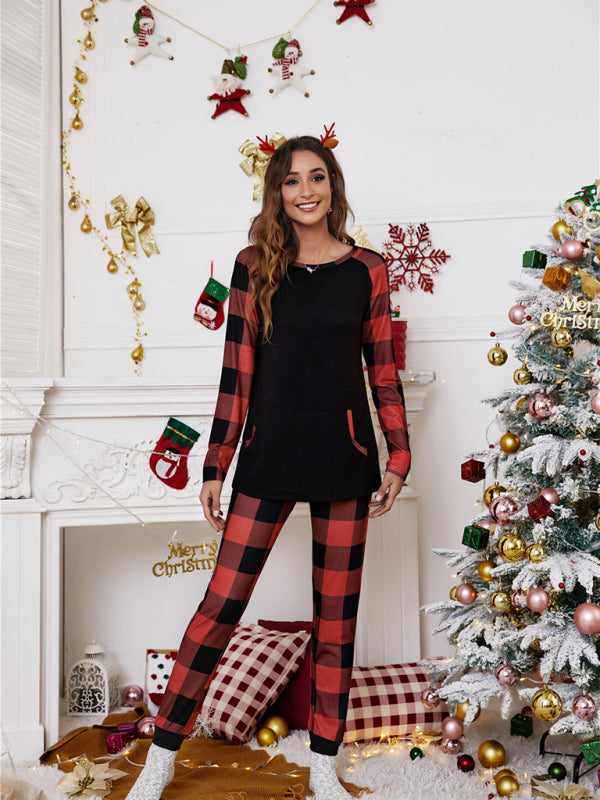 Blue Zone Planet |  Women's round collar collision color plaid home set Christmas patchwork two-piece kakaclo
