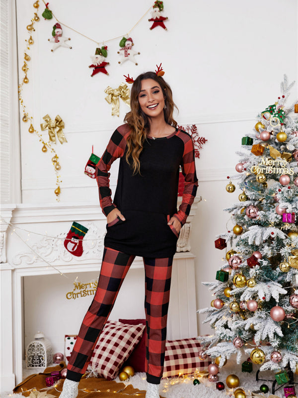 Blue Zone Planet |  Women's round collar collision color plaid home set Christmas patchwork two-piece kakaclo