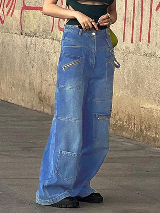 Multi-pocketed, zipped, distressed jeans with a straight leg and wide leg-BOTTOM SIZES SMALL MEDIUM LARGE-[Adult]-[Female]-Blue-S-2022 Online Blue Zone Planet