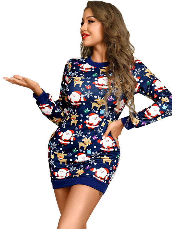 Blue Zone Planet |  Women's Christmas Print Round Neck Long Sleeve Pack Hip Dress kakaclo