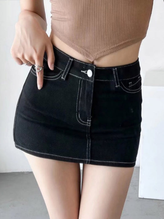 Women's Bright Line Mid-Waist Denim Hip Mini Skirt-BOTTOMS SIZES SMALL MEDIUM LARGE-[Adult]-[Female]-Black-XS-2022 Online Blue Zone Planet
