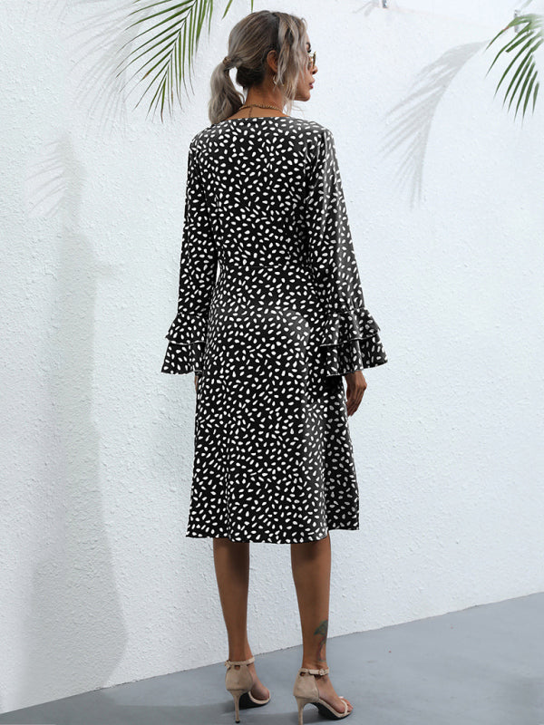 Women's Slim Fit Printed Split Long Sleeve French Dress kakaclo