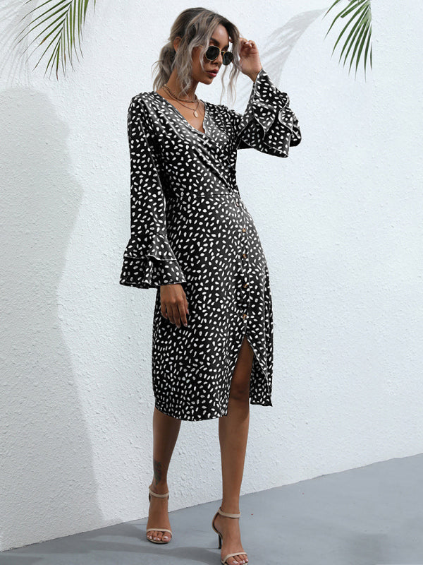 Women's Slim Fit Printed Split Long Sleeve French Dress kakaclo