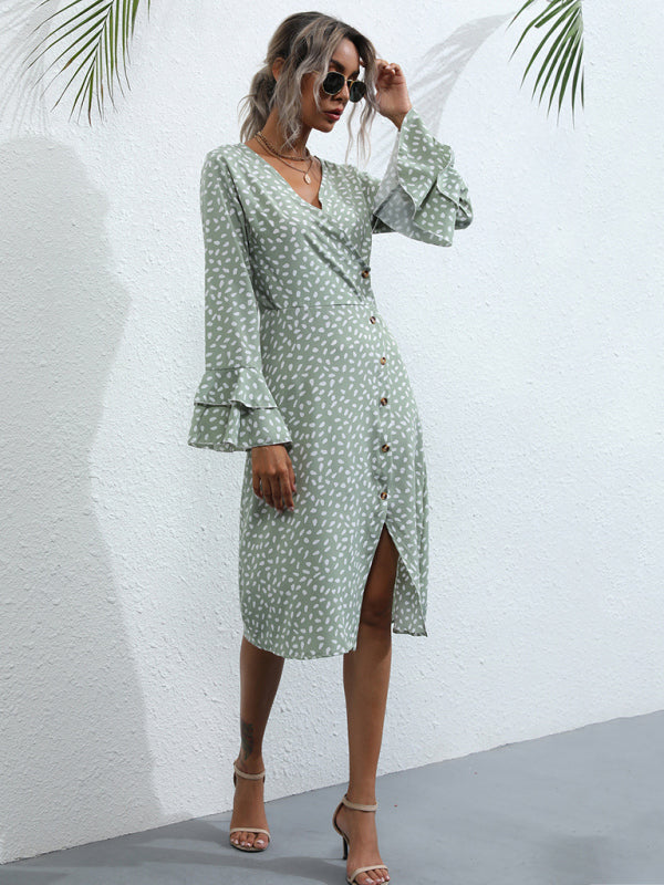 Women's Slim Fit Printed Split Long Sleeve French Dress kakaclo