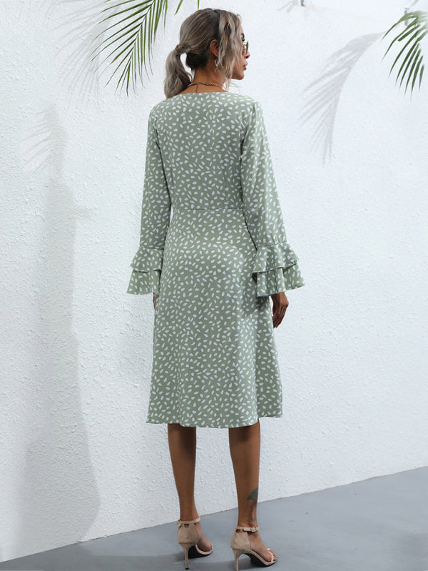 Women's Slim Fit Printed Split Long Sleeve French Dress kakaclo