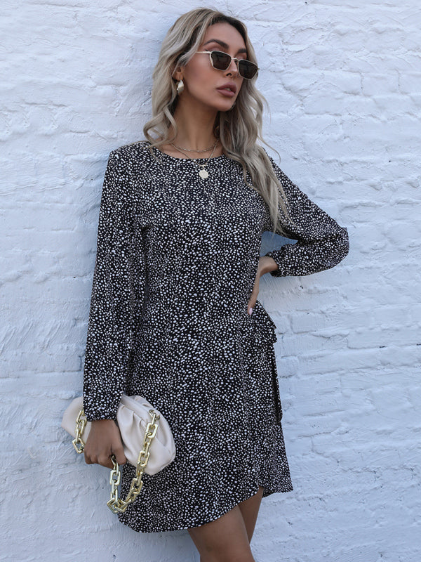 lace-up irregular leopard print long-sleeved dress kakaclo