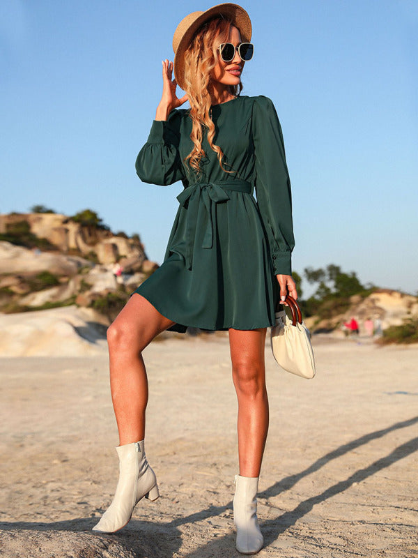 Blue Zone Planet |  Women's lace-up green dress short dress BLUE ZONE PLANET