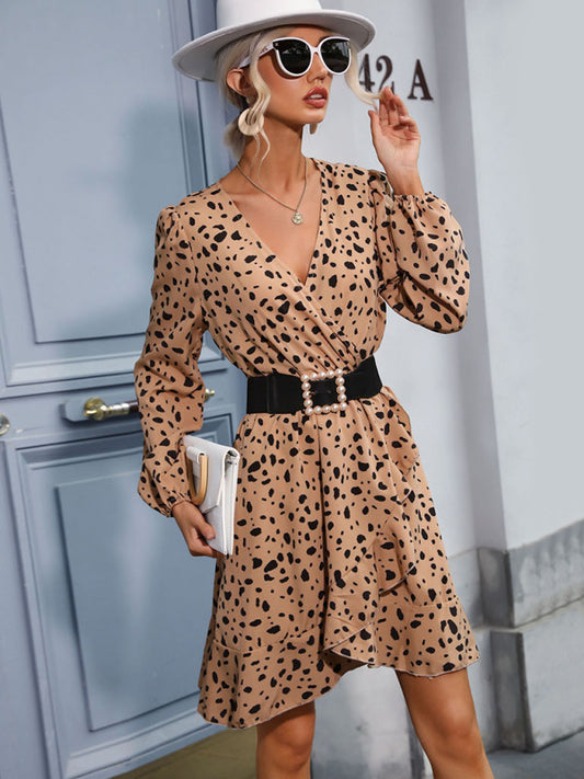 Women's long-sleeved v-neck lace-up leopard print bottoming dress kakaclo