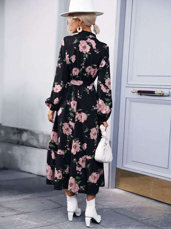 Women's print long sleeve half high neck long dress dress BLUE ZONE PLANET