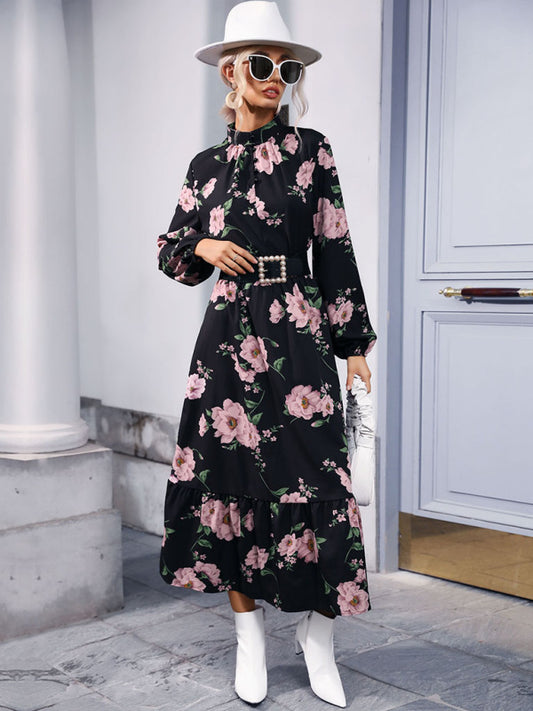 Women's print long sleeve half high neck long dress dress BLUE ZONE PLANET